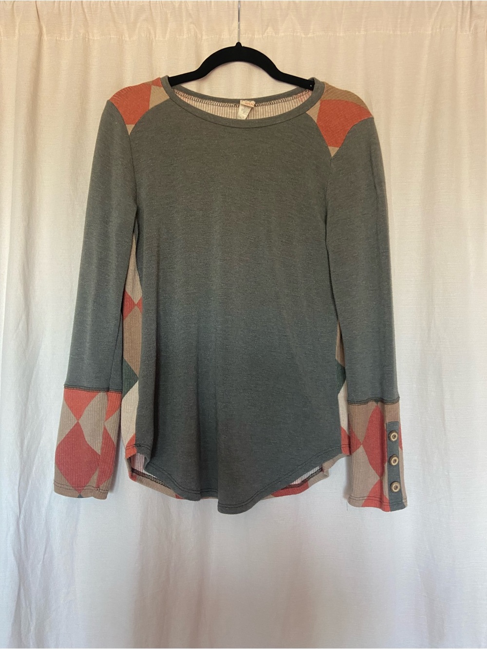 7th Ray Olive Green Long Sleeve Top with Coral Diamond Accents